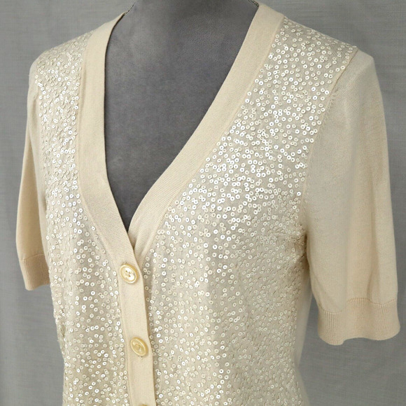 Talbots Sweater Petites MP PM Ivory Cardigan Sequins Buttons V neck Neutral - Picture 8 of 12